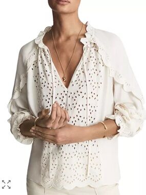 Reiss Flora Eyelet Scalloped Blouse in Cream